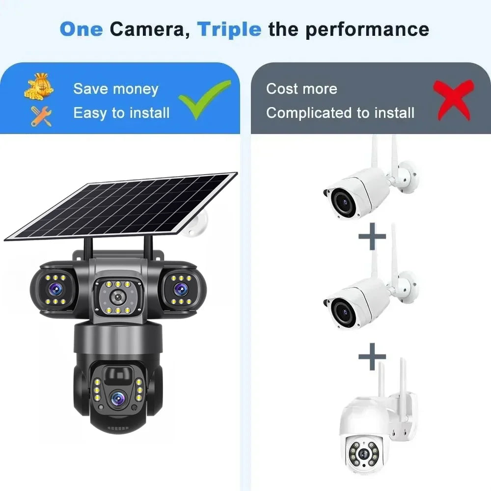 V380 Pro Solar Camera 4G SIM Outdoor Three Lens Three Screens PIR Human Detect CCTV Security Battery PTZ IP Camara Farm orchard