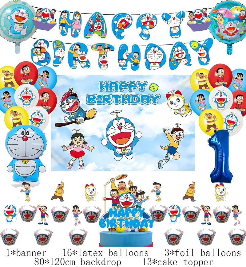 Doraemon Birthday Party Decoration Set with Banner, Cake Topper &amp; Balloons 1set G1 / Other / CHINA
