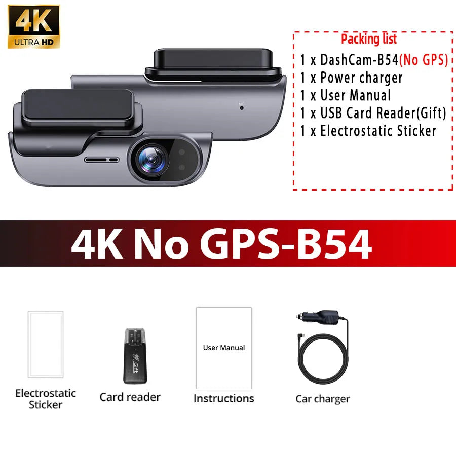 ACCEO Dashcam Auto 4K Car DVR - Night Vision GPS WiFi B54-No GPS / 128G