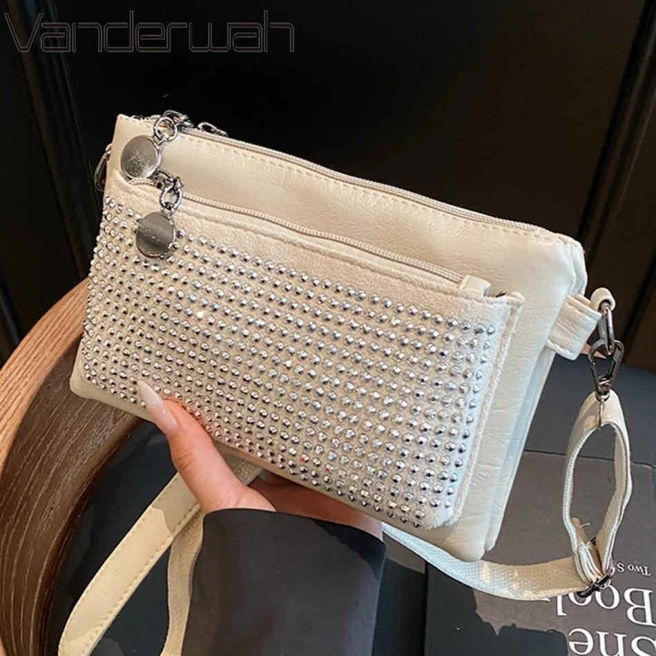 Geantă personalizată din piele moale cu trei straturi și pietre strălucitoare pentru femei, poșetă de umăr crossbody clutch