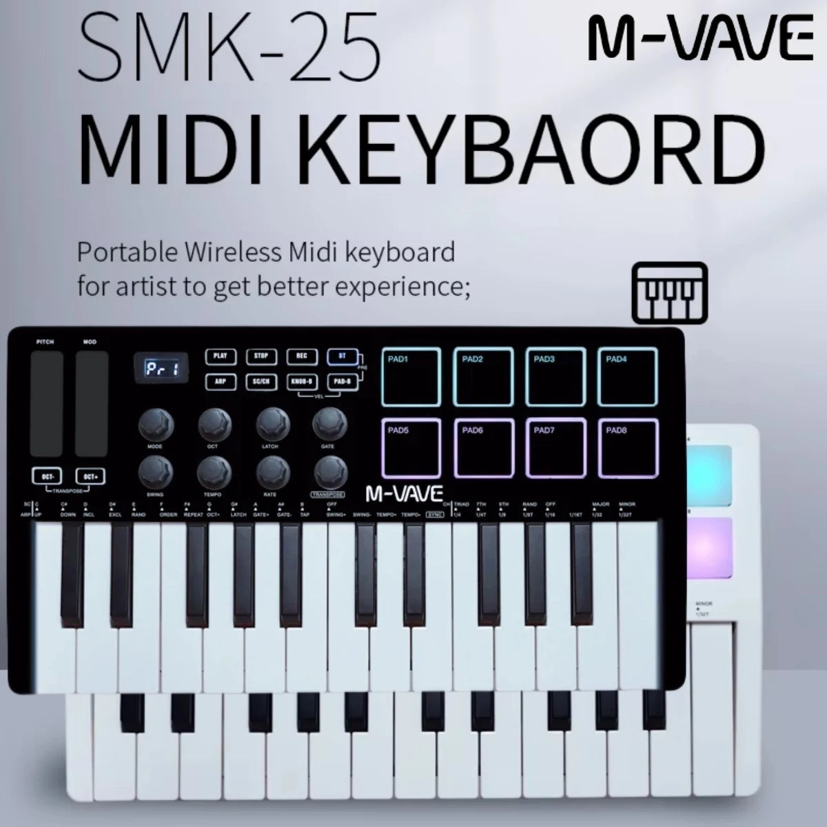 M-VAVE SMK-25 USB MIDI Keyboard Controller &ndash; 8 Backlit Pads