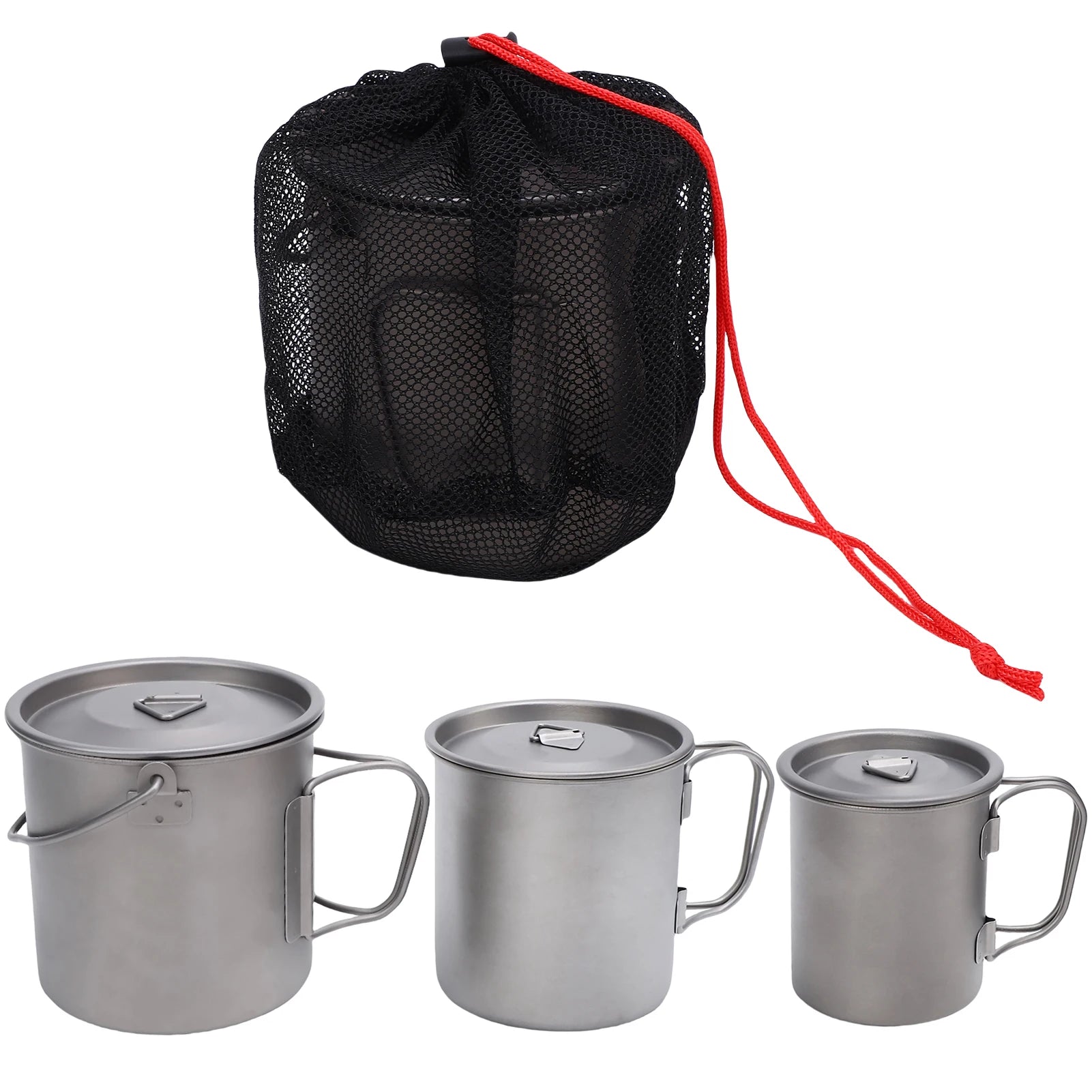 Ti Coffee Mug Camping Cup &ndash; Folding Handle and Net Bag 3pcs 1set