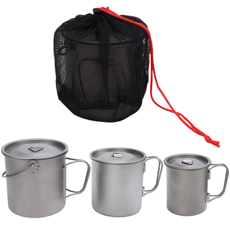 Ti Coffee Mug Camping Cup &ndash; Folding Handle and Net Bag 3pcs 1set