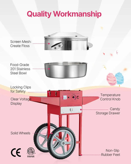 Commercial Cotton Candy Machine With Cart And Bowl Red / CZECH REPUBLIC