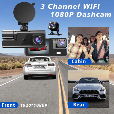 3-Channel Car DVR Dash Cam with WiFi