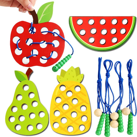 Educational Wooden Lacing Fruit Toy Set - Threading Activity Puzzle for Toddlers' Fine Motor Skills