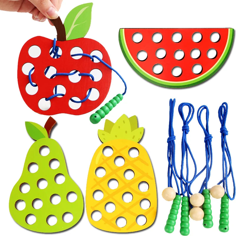 Educational Wooden Lacing Fruit Toy Set - Threading Activity Puzzle for Toddlers' Fine Motor Skills