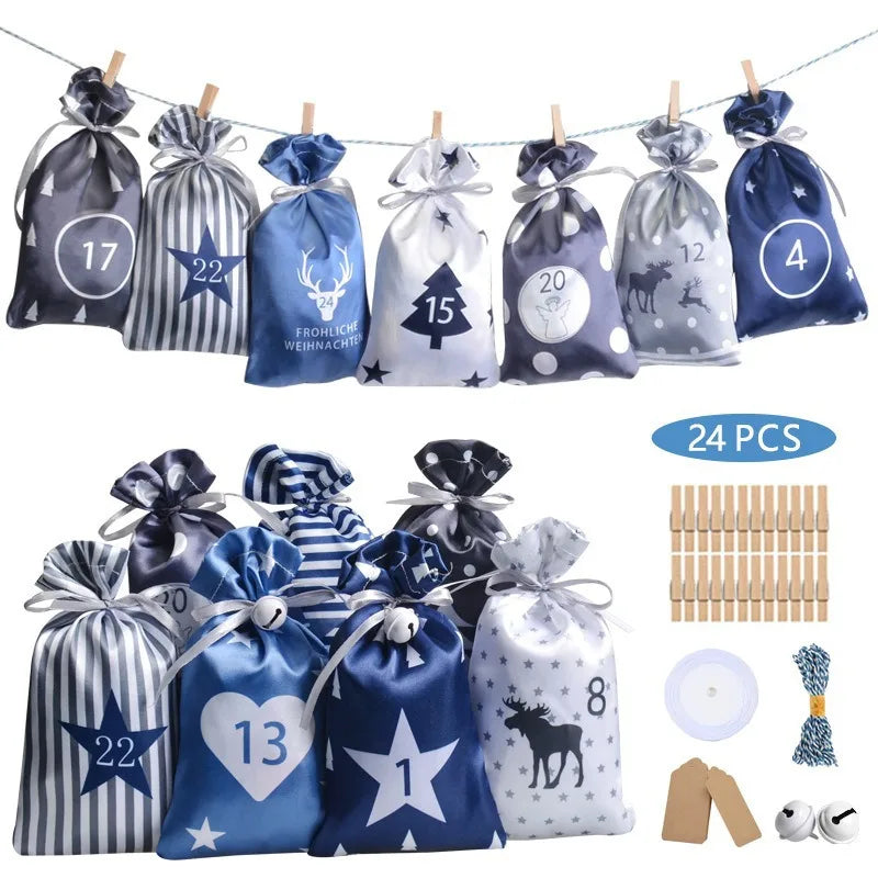Χριστουγεννιάτικες Τσάντες Δώρου Ημερολογίου Αντίστροφης Μέτρησης, 24 Τεμάχια, Υφασμάτινες Τσάντες με Αυτοκόλλητα Χαρτιού για DIY και Ξύλινα Στολίδια