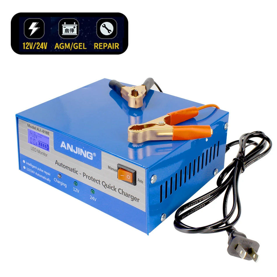 Universal 12V/24V Lead-Acid Battery Charger with Smart Pulse Repair, EU US Plug