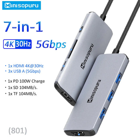 Minisopuru 10Gbps USB C Hub 100W PD For MacBook Pro iMac 7 in1-5Gbps(801)