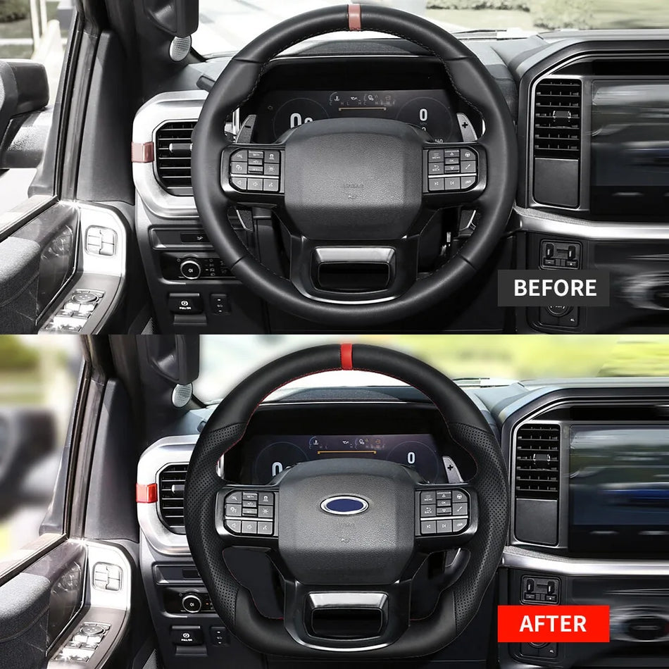 Ford Raptor F150 Steering Wheel, Full Leather, Perforated Black With Red Stitch