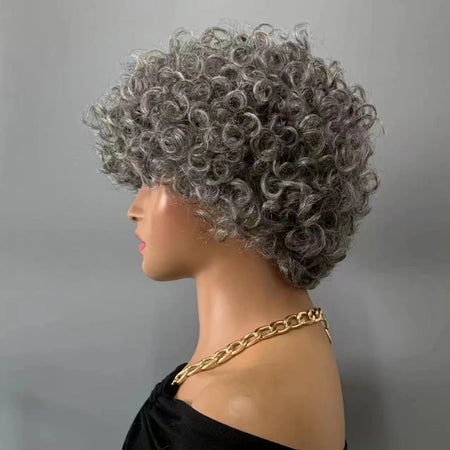 Miss Rola 100% Human Hair Wavy Pixie Cut Wig with Gray and Black Highlights