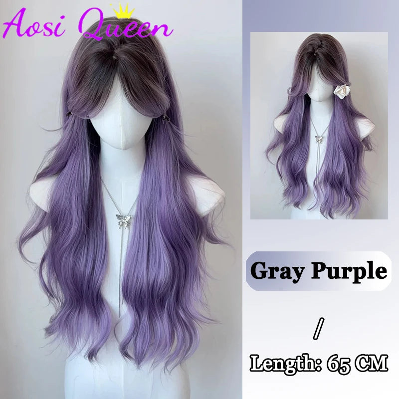 AosiQueen Black Pink Ombre Long Wavy Synthetic Wig with Bangs for Cosplay GRAY
