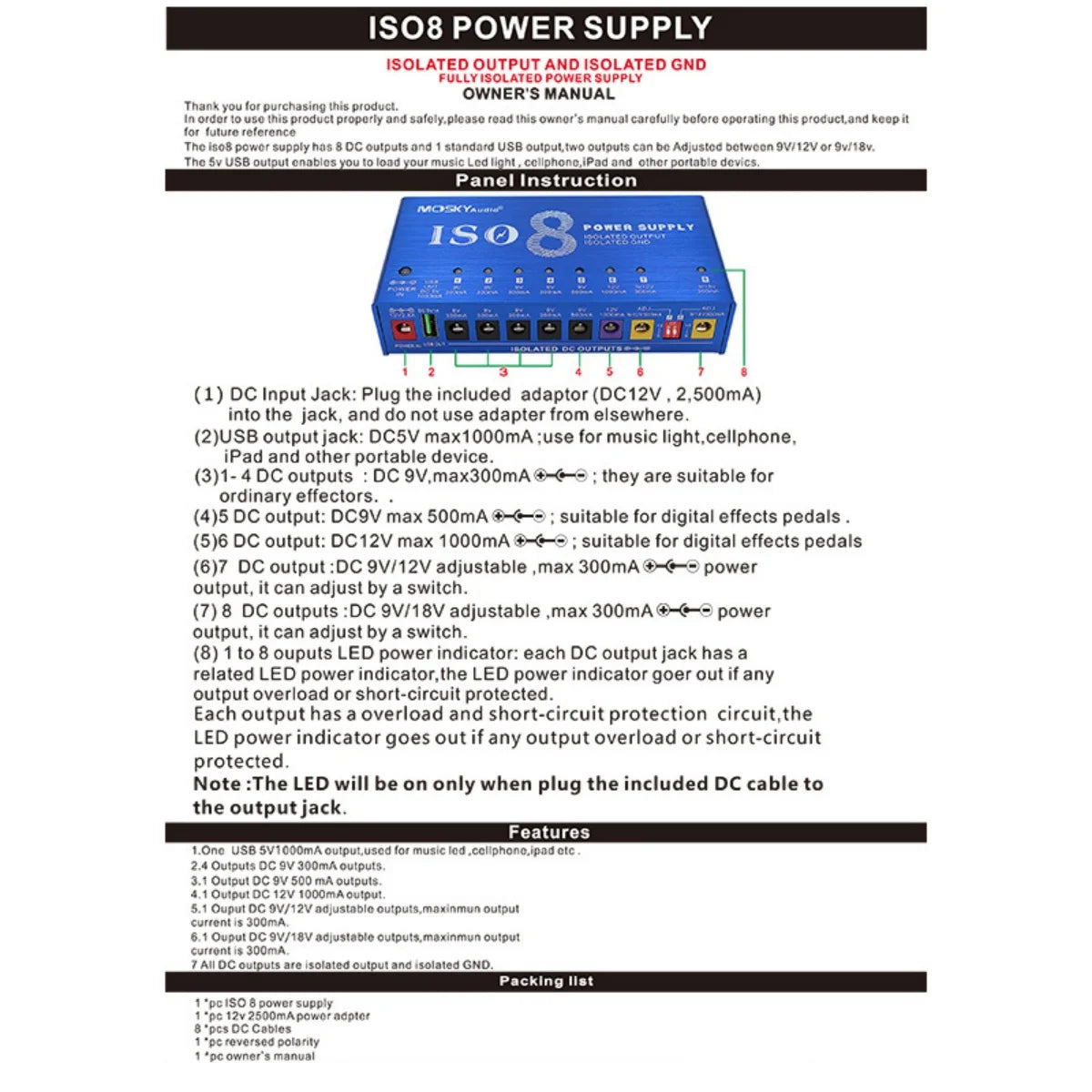 Mosky ISO-8 Guitar Pedal Power Supply &ndash; Isolated Outputs