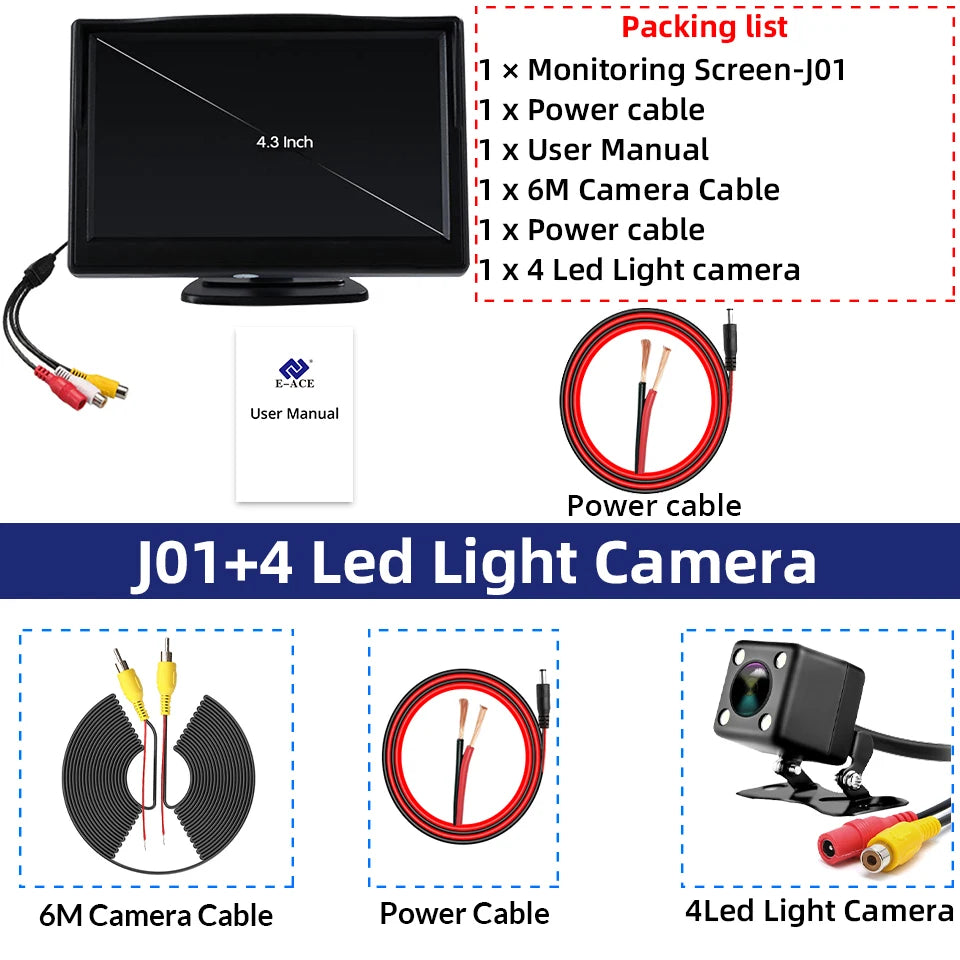 E-ACE Rear View Camera Kit &ndash; Night Vision DVR Waterproof J01-4 Led Camera