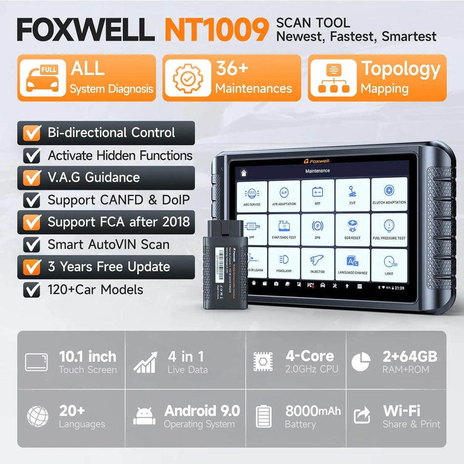 Foxwell NT1009 Scanner automobilistico OBD2 Bidirezionale Codifica ECU Diagnostica di tutti i sistemi Tablet con 120 marche di veicoli e 35 funzioni di reset