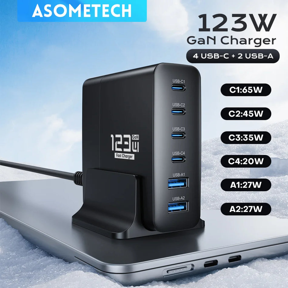 ASOMETECH 123W GaN Charger &ndash; Ultra-Fast Charging for Multiple Devices US Plug