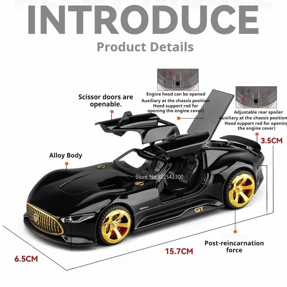 1:32 Diecast Vision GT One športni avtomobil z kovinskim telesom in nastavljivim repom