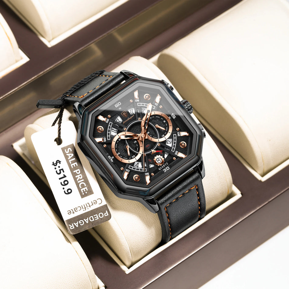 Chronograph Square Men's Watch with Leather Strap Waterproof Luminous Date