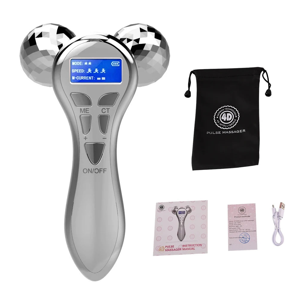 4D EMS Face Massager Roller &ndash; Microcurrent Facial Lifting Silver