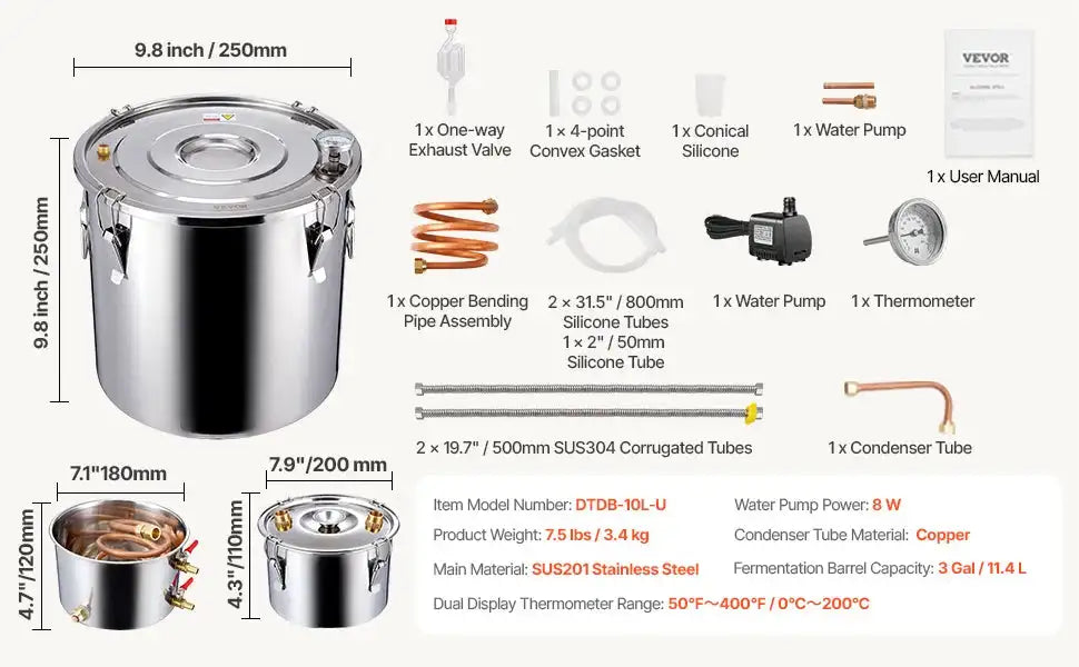 Stainless Steel Alcohol Distiller Kit Dual Condenser DTDB-10L-Ucoppertube / france