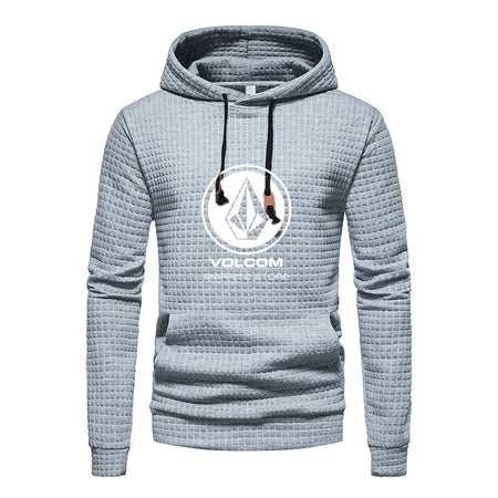 Autumn and winter, casual sportswear, men's checkered design pockets and shoelaces, waffle embossed hooded sweater light grey1 / S