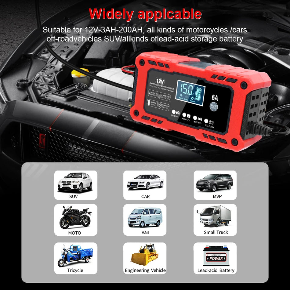 Caricabatterie per auto 12V 6A Intelligente a impulsi per riparazione di batterie al piombo