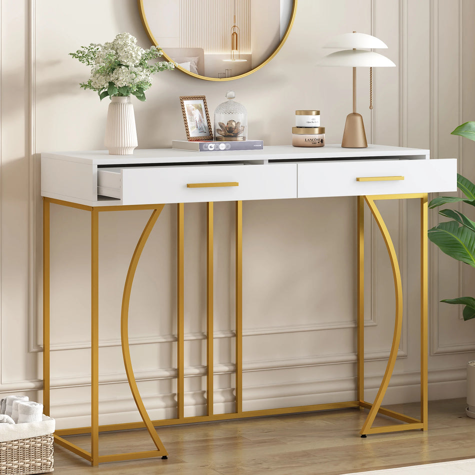 Mesa Consola de Oro Blanco con 2 Cajones para Pasillo