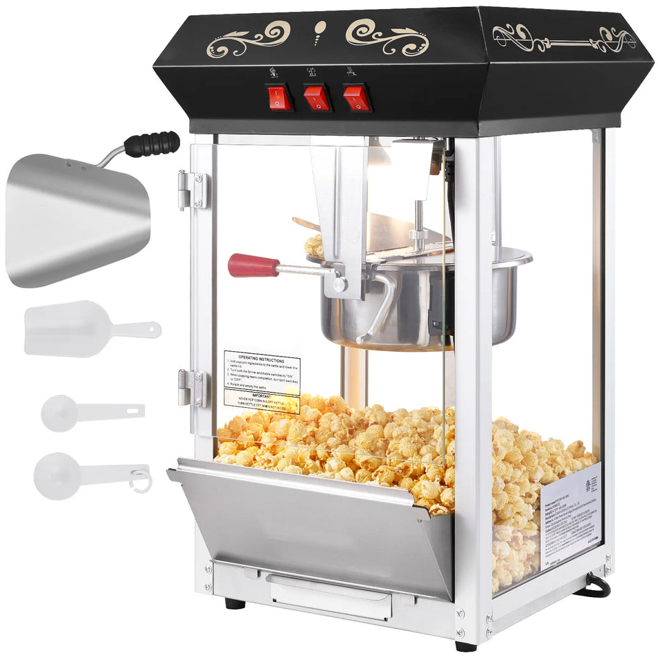 Popcornovač 850W 8oz kotel dělá 48 šálků na dávku, pultový popper s tvrzeným sklem a LED světly