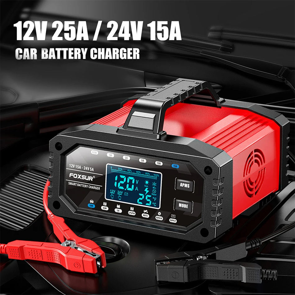Automobilio akumuliatoriaus įkroviklis 12V 24V, 15A reguliuojamas, skaitmeninis ekranas, ABS korpusas