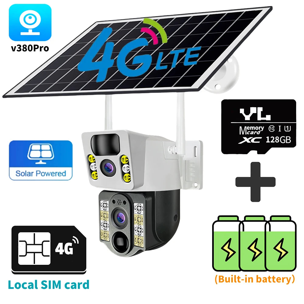 8MP HD Solar Camera WIFI Smart Home Security Protection Home 360 Monitor 4K 4G SIM Card Outdoor with Battery V380 Pro 4G Network 4G Cam 128G Card
