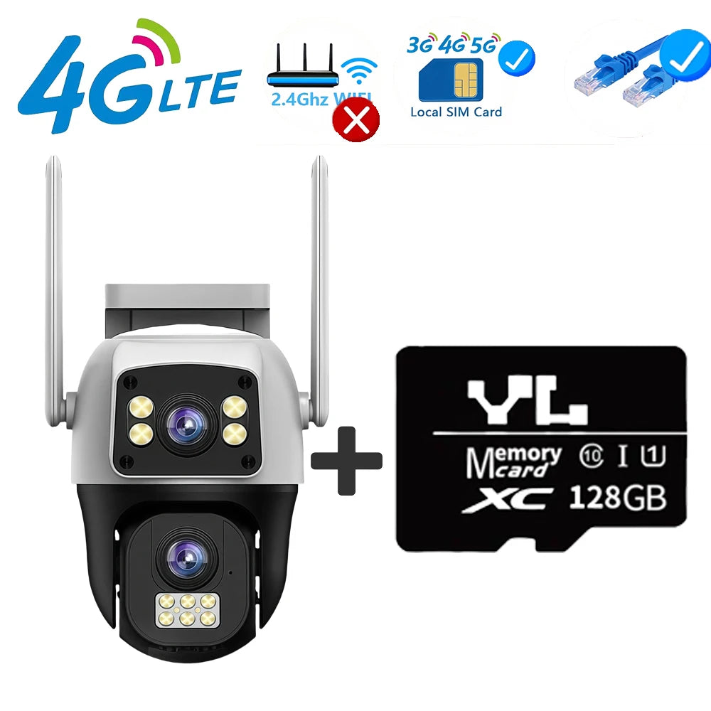 4K 8MP 4G SIM IP Camera Dual Lens Outdoor Waterproof 360&deg; Human Detect Video Surveillance Security  CCTV Protection PTZ Cameras 4G Camera 128G Card / AU Plug