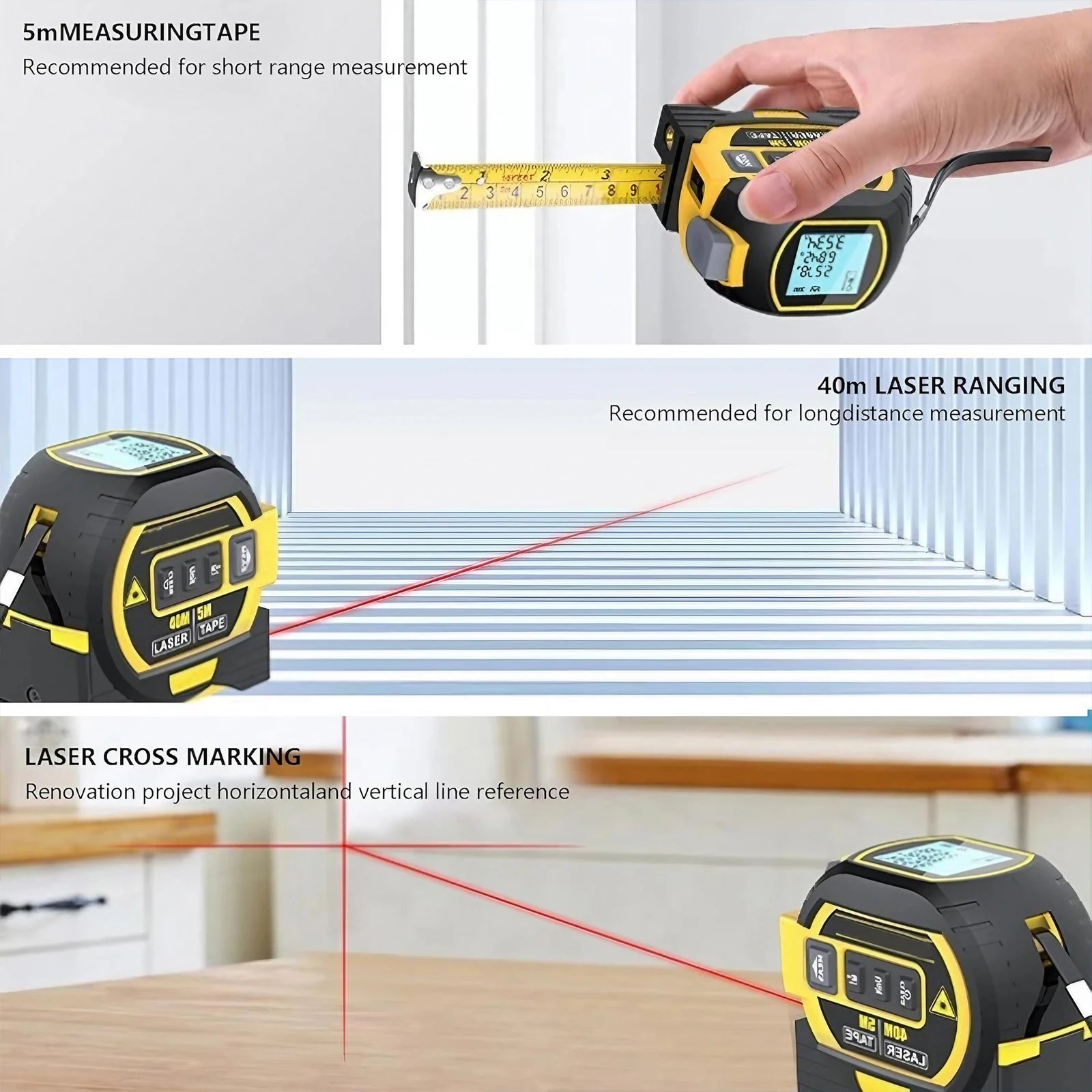 3-in-1 High Precision Laser Tape Measure - 40/60M with Data Storage