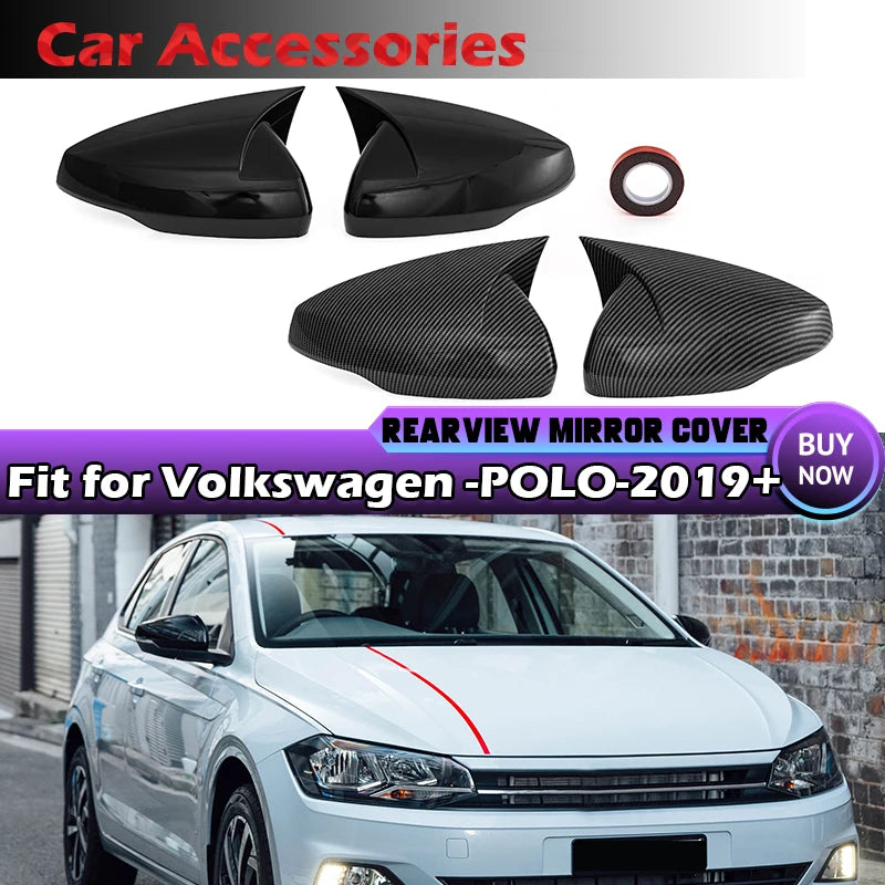 VW Polo 6C için Parlak Siyah Karbon Fiber Dikiz Aynası Kapağı Seti