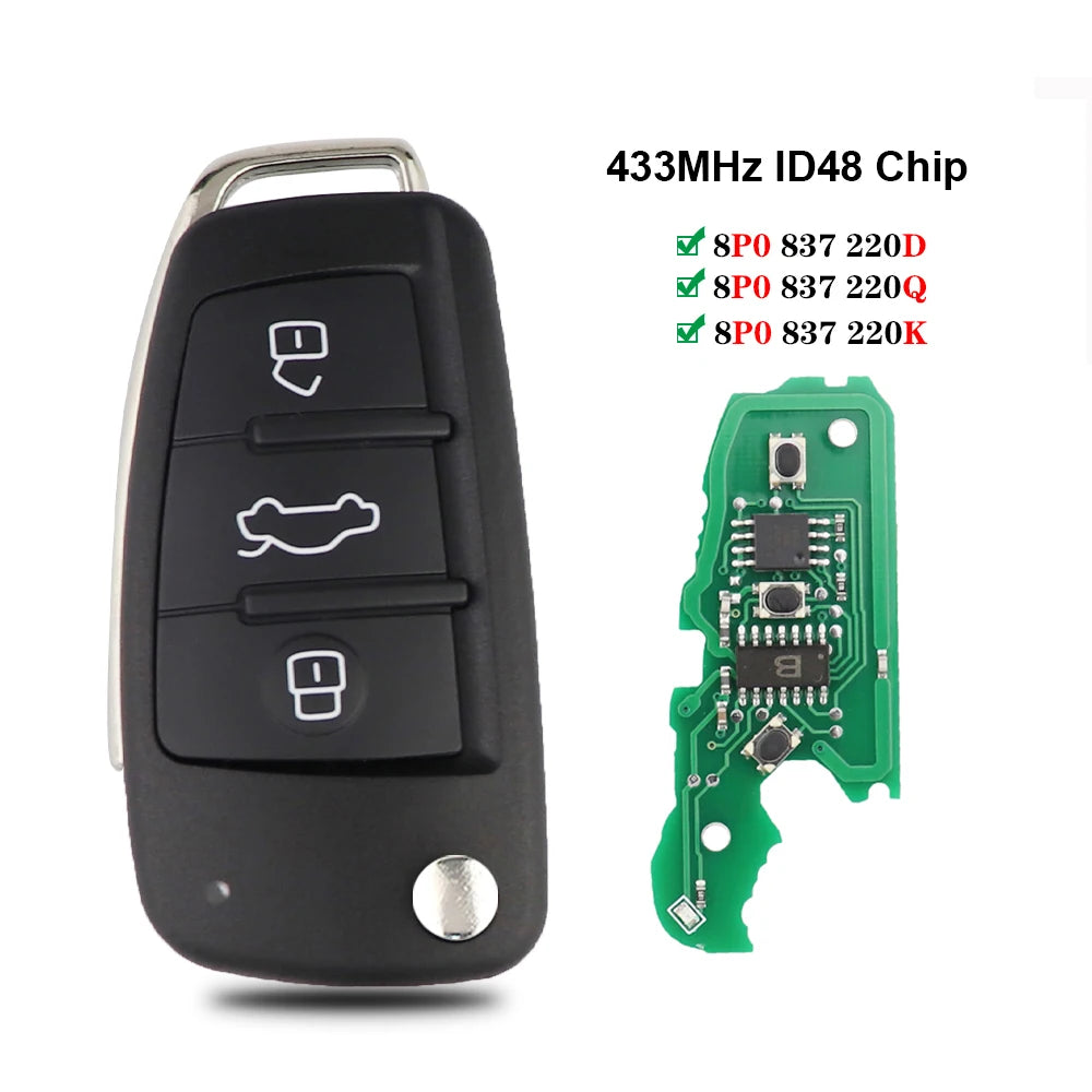 High-Quality 315/433Mhz Audi Remote Car Key ID48 for Q7 B7 Q3 A3 TT A2 A8 A6 A6L A4 S5 C5 C6 B6 A4L A5 Q5 S RS Models - Uncut Blade, No Logo 8P0837220K 433Mhz