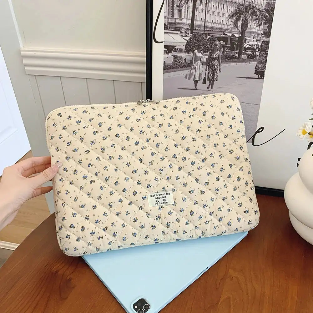 Flower Printed Quilted Laptop Sleeve For 11 To 15 Inches blue / 15 inch
