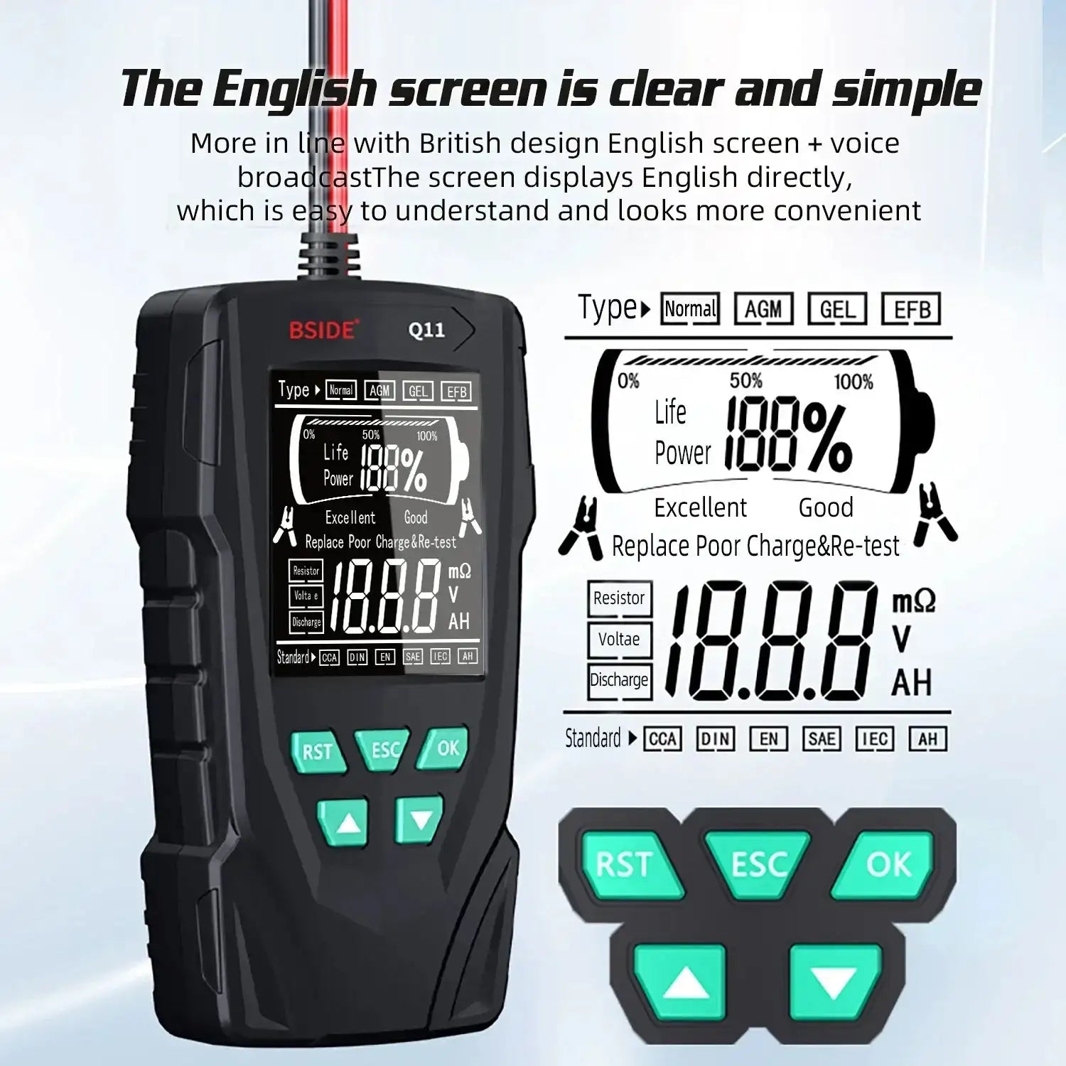 BSIDE Q11 Car Battery Tester 12V 24V Lead Acid Capacity