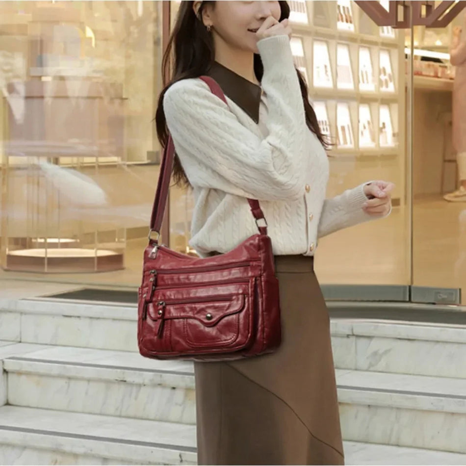 Multi-Layer Pockets Shoulder Bag for Women, Crossbody Wash Leather, Luxury Designer Purse