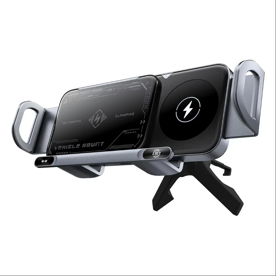 CrownQu 2-in-1 Car Wireless Charger &ndash; 15W Fast Charging Convenience Silvery