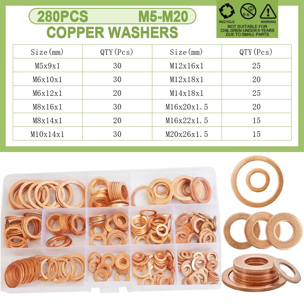Copper Sealing O-ring Gasket Kit for Boat and Motorcycle Copper Gasket 280Pcs