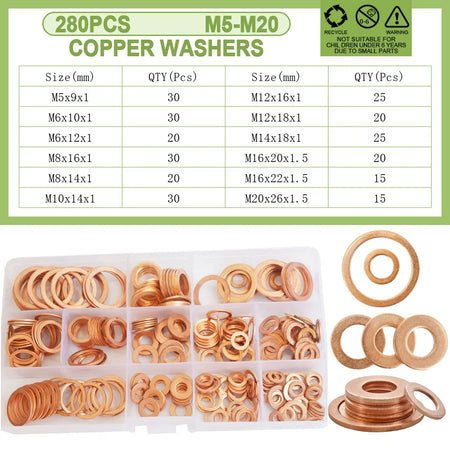 Copper Sealing O-ring Gasket Kit for Boat and Motorcycle Copper Gasket 280Pcs