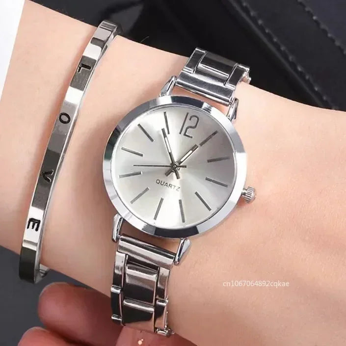 Luxury MOONBIFFY Ladies Quartz Bracelet Watch Set Silver set