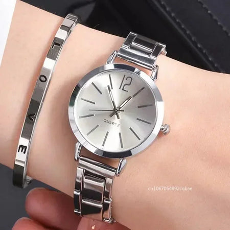 Luxury MOONBIFFY Ladies Quartz Bracelet Watch Set Silver set