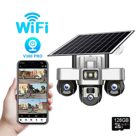 V380 Pro WIFI Three PTZs Lens Solar Camera 15MP Outdoor Waterproof CCTV Mobile Tracking IP Cam Night Vision Two-Way Audio Camera WIFI Camera 128G