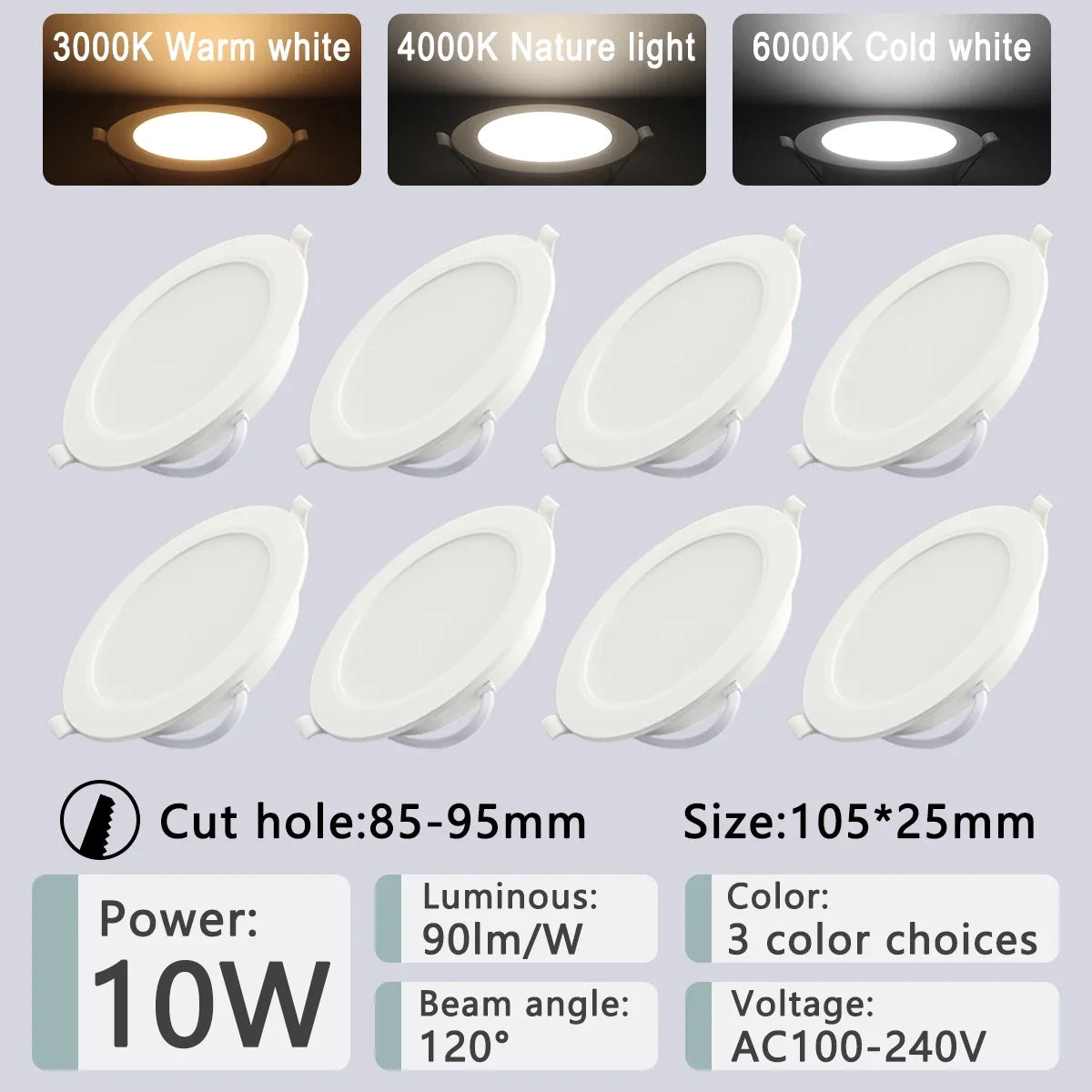 8 Pack Recessed Led Downlight 8 Inch &ndash; Multi Color Temp 10W / Cold white 6000K / AC100-240V