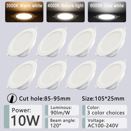 8 Pack Recessed Led Downlight 8 Inch &ndash; Multi Color Temp 10W / Cold white 6000K / AC100-240V