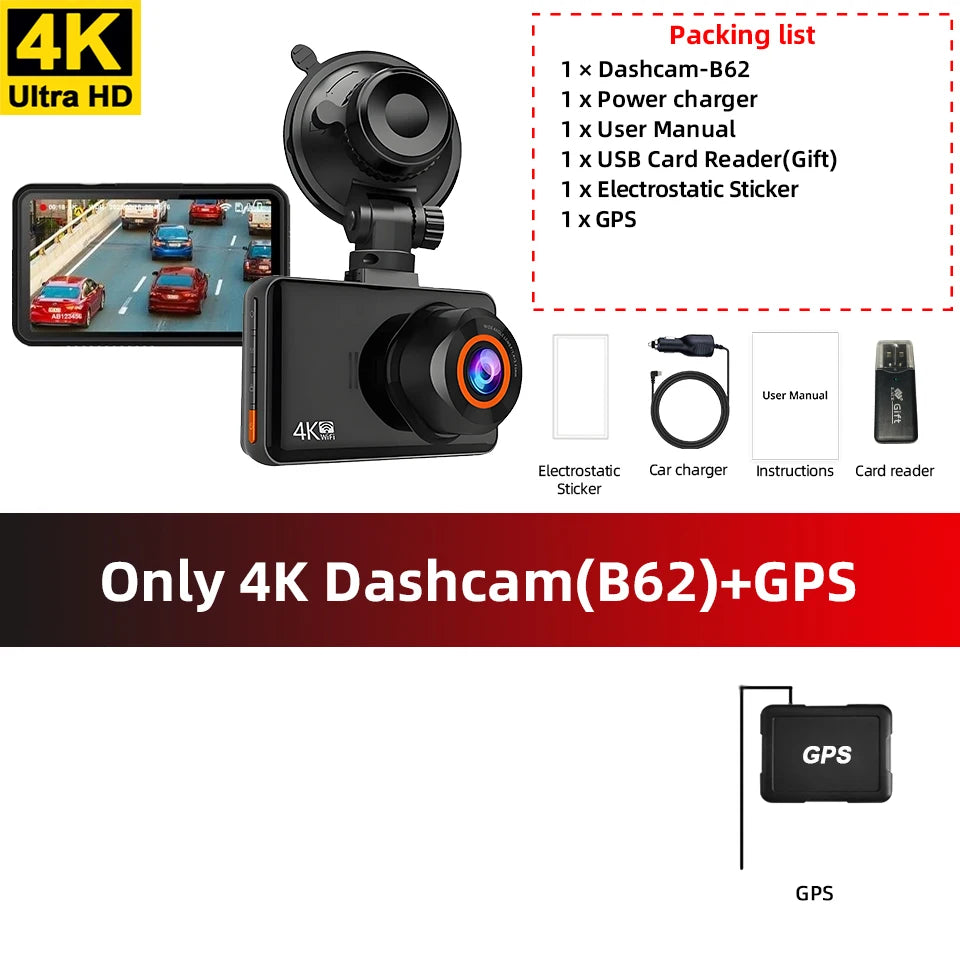 ACCEO Dashcam 4K+2.5K Car DVR &ndash; Dual Channel WiFi GPS B62-GPS / None