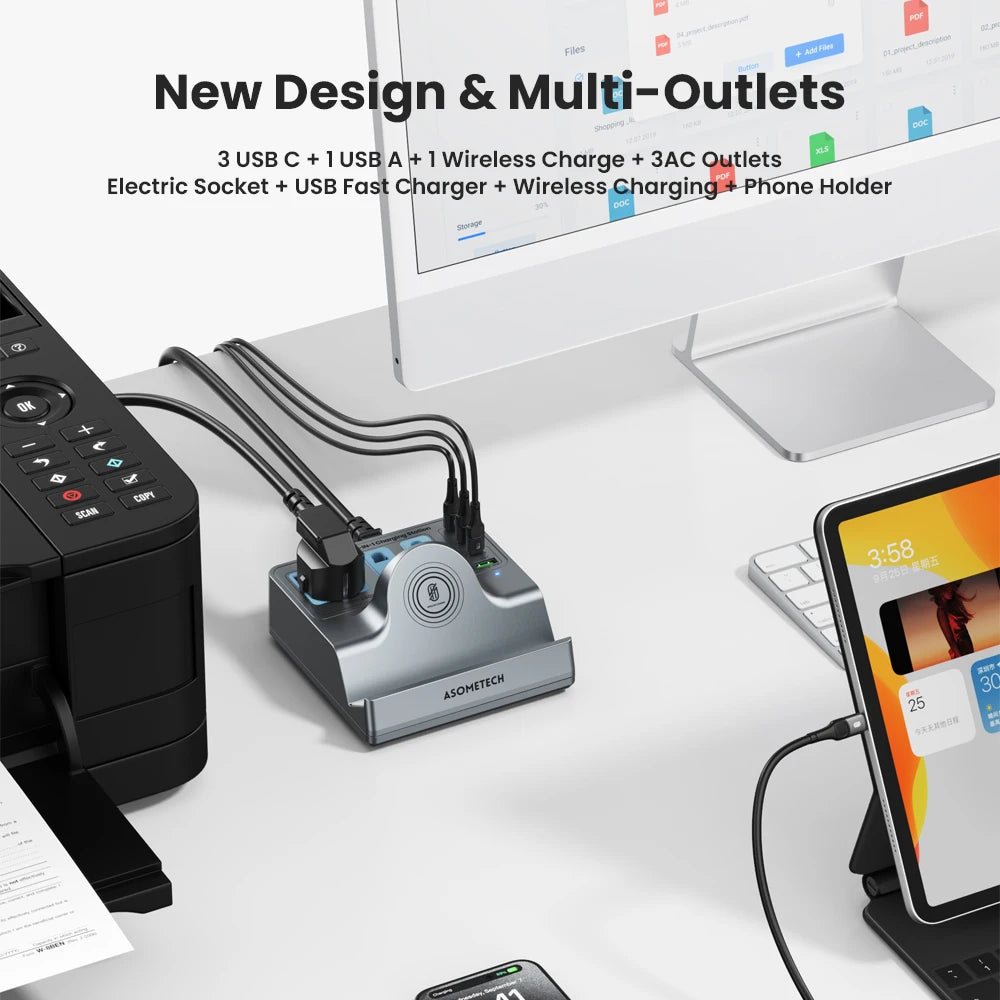 ASOMETECH 72W Fast Charging Station &ndash; Triple Socket Power with 4 USB Ports