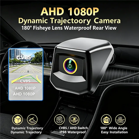 AHD 1080P Dynamic Trajectory Car Backup Camera 180° Fisheye Waterproof Night Vision CVBS/AHD Switchable Vehicle Rear View Camera by InterCyprus Trading Ltd