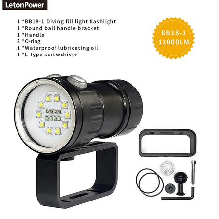LeTon 27 LED Underwater Photography Light &ndash; 20000 Lumens Brightness BB18-1X / 4 batterys charger